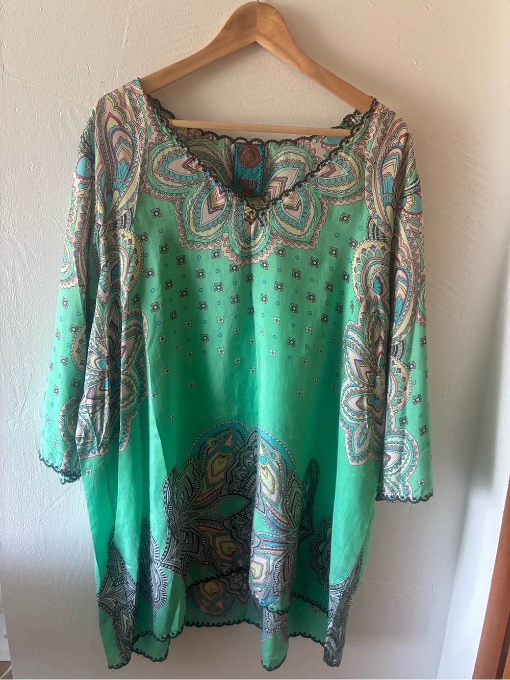 Johnny Was Silk Green Boho Paisley Green Tunic Top L/XL